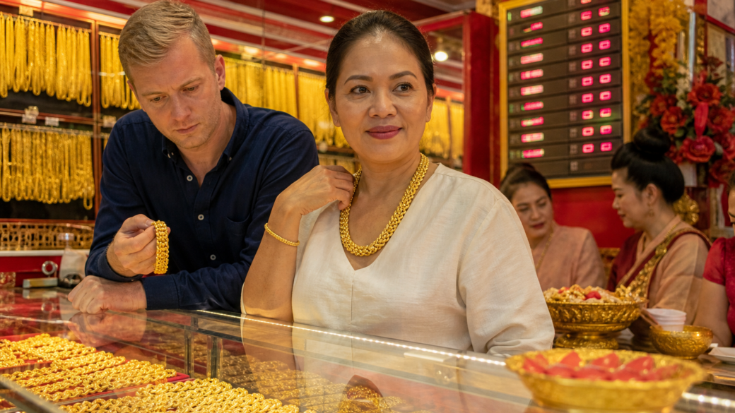 Mann und Frau begutachten Goldschmuck in einem Juweliergeschäft